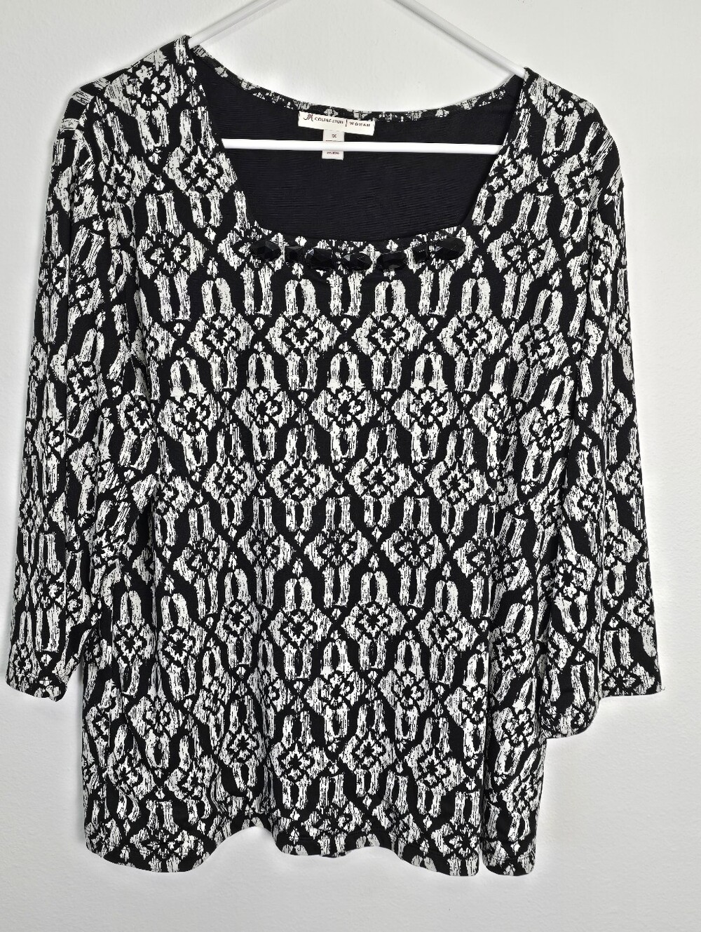 JM Collection Black White Geometric Beaded 3/4 Sleeve Knit Blouse Size 1X